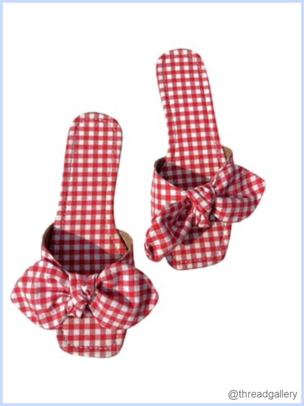 GORGLITTER Faux Leather Gingham Bow Flat Sandals Square Toe Slip On